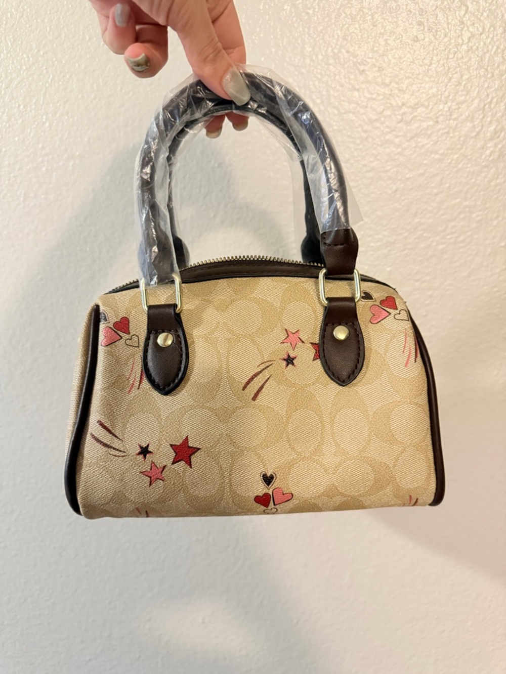 Coach Beige Canvas Mini Satchel with Red & Pink Heart and Star Accents
